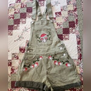 Cottagecore Green Embroidered Mushroom Overalls Shorts